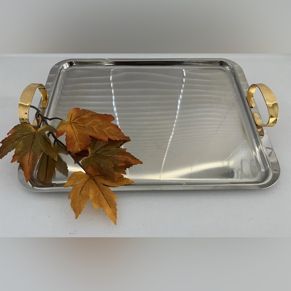 Silver Metal with Gold Handled Tray 17”W x 11-1/2” x  2”H - Picture 2 of 7
